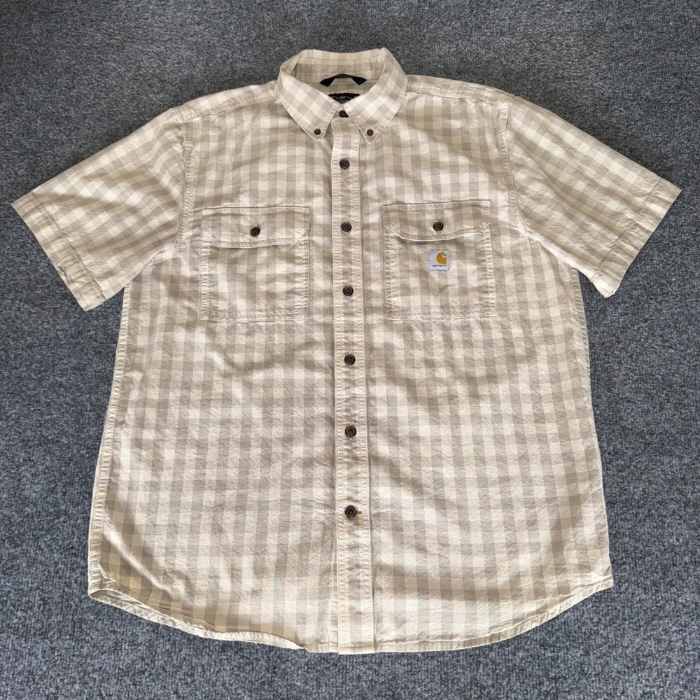 Carhartt Workwear Button‎ Up Shirt Short Sleeve Loose Fit Tan Plaid Mens Medium